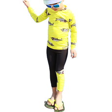 愛北एलबी 男童長袖 XL 舒適防曬兩件式泳裝, 黃波浪鯊魚, 1組