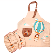 PUKU 藍色企鵝 幼兒防水圍裙畫畫衣 含袖套 輕薄不佔空間 可調式頸帶, 卡其色, 身高90~110cm