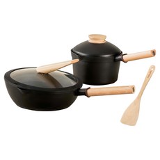 Taste plus 悅味 元木 鑽石塗層不沾鍋2件組 IH全對應設計 黑色, 1組, 煎鍋 26cm + 奶鍋 18cm + 原廠鍋蓋 + 木鏟