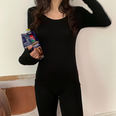 面膜發熱衣/睡衣, 薄款設計保暖佳, 顯瘦彈性佳, 秋冬必備, L~LL, 黑, 1件