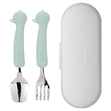 Edison 鴨子款矽膠柄兒童餐具組, 湯匙 + 叉子 + 收納盒, 鴨子 薄荷色, 1組