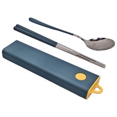 Caldo 卡朵生活 撞色不鏽鋼抽拉式餐具2件組, 筷子 + 湯匙 + 盒子, 孔雀藍, 1組