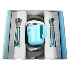 VIIDA 抗菌不鏽鋼餐具 304L抗菌不鏽鋼 無毒食品級矽膠上蓋, 湖水綠, 抗菌不鏽鋼餐盤 + 抗菌不鏽鋼餐碗 + 抗菌不鏽鋼杯 + 抗菌不鏽鋼叉 + 抗菌不鏽鋼匙 + 防滑矽膠吸盤, 1組