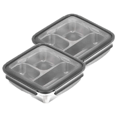 304不鏽鋼 黑蓋鋼色斜邊保鮮盒 三格平蓋 可微波, 324g 1.2L, 2個