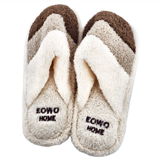 Eowo Home 毛絨條紋拼色包頭保暖防滑男女室內拖鞋, 42~43, 咖啡色, 1雙