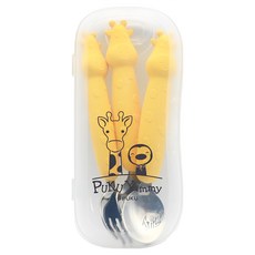 PUKU 藍色企鵝 長頸鹿不鏽鋼叉勺組 3入, 適用年齡:18個月以上, 湯匙 + 叉子 + 果泥勺 + 收納盒, 黃色, 1組