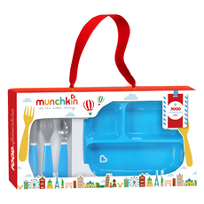 munchkin 滿趣健 餐盤禮盒 適用年齡18個月以上, 顏色隨機, 兒童不鏽鋼餐具三件組1組 + 防滑三格盤1入, 1組