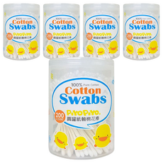 PiYOPiYO 黃色小鴨 棉花棒, 細紙軸易開罐 200支, 100%純棉, 5罐