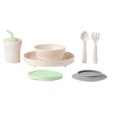 miniware Little Foodie 小食客6入組, 不含PVC BPA, 植物萃取製作餐具, 麥片碗 + 麵包盤 + 愛喝水水杯 + 叉子 + 湯匙 + 麥片碗矽膠蓋 + 防滑吸盤, 香草甜檸檬綠, 1組