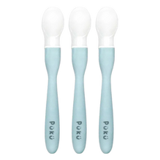 PUKU 藍色企鵝 矽膠安全湯匙, 超軟Q, 弧面設計, 適合嬰幼兒, 水藍色, 3支