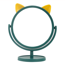 貓耳造型桌面化妝鏡, ABS材質, 高清鏡片, 360度旋轉, 綠色
