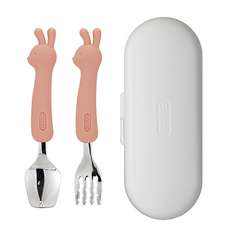 Edison 愛迪生 兔子款矽膠柄兒童餐具組, 嬰兒矽膠湯叉收納盒套組, 不鏽鋼材質, 叉子*1+湯匙*1+收納盒*1, 粉色, 1組