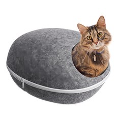 OUTSY 舒眠羊毛氈可拆式多用蛋形貓窩, 舒適透氣, 四季通用, 半封閉式安全感, 貓掌洞洞透氣窗, 可分離窩墊, 可水洗, 47.5 x 38 x 26cm, 灰色, 1個