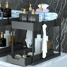 AHOYE 抽拉式流理台櫥下收納架 附掛勾, 黑色, 1個