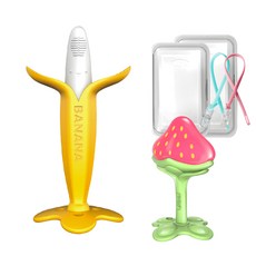 Ange 水果造型固齒器組, 固齒器 2入(附收納盒及矽膠鍊夾), 香蕉款 + 3D草莓款 + 矽膠鍊夾(隨機出貨), 1組