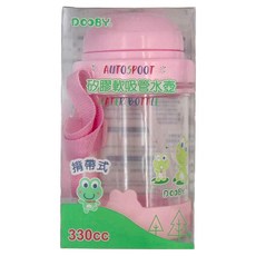 DOOBY 大眼蛙 幼兒用矽膠軟吸管揹帶式水壺, 粉色, 330ml, 1個, 粉色, 330cc, 1個
