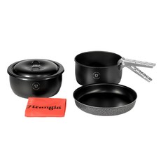 Trangia 瓦斯爐適用 Tundra III 超輕鋁露營鍋具套組 6件, 適合露營、船隻、度假小屋, 底部防滑處理, 煎鍋 + 鍋具2個 + 鍋蓋 + 鉗夾 + 袋子, 極地3號 黑魂版, 1組