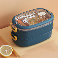 日式304不鏽鋼雙層保溫便當盒, 深藍色, 1個
