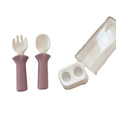 MODU'I BLUEMAMA 鉑金矽膠叉匙學習套組 適用年齡10個月以上 韓國製造, 叉子105 x 29mm + 湯匙105 x 29mm + 收納盒, 玫瑰粉, 1組