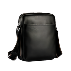 頭層牛皮男士豎款肩背包, 黑色, 單肩/斜跨, 可放9.7吋iPad, 8吋