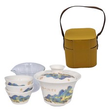 方形旅行包茶具 千里江山套裝 含蓋碗/品茗杯/公道杯, 千里江山3杯 + 玻璃公杯 + 收纳包, 黄色, 1組