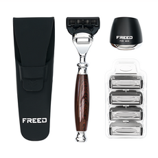 FREED 五刀式刮鬍刀尊爵四件組禮盒 鍍鉻工藝鋁合金材質 含專用底座 旅行套, 1組
