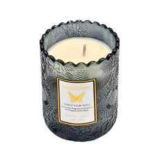 LONGFINE 植物精油手工大豆蠟香氛蠟燭，黑雪松杜松，蕾絲花邊浮雕玻璃杯，180g，營造浪漫氛圍, 1個