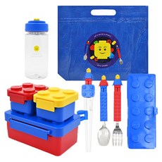 OXFORD 積木造型便當盒野餐組 迷你便當盒 積木造型水壺350毫升 湯匙 叉子 學習筷 餐具收納盒 保冷收納袋, 混色, 1組