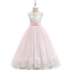 愛貝比 拼接刺繡蕾絲緞帶長裙/禮服/演出服, 110碼, 粉色