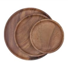 相思木製圓形餐盤, 1組, 大盤 + 中盤 + 小盤, 原木色