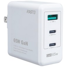 RASTO 65W GaN氮化鎵 PD + QC3.0三孔高效能快速充電器, RB28, 白色, 1個