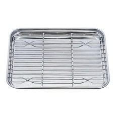 E.dot 不鏽鋼瀝網烤盤/瀝油瀝水托盤 25.5x20x2.5cm 430不鏽鋼盤子 304不鏽鋼架子, 1個, 中