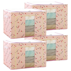 衣物棉被鋼架收納箱, 雙開拉鍊設計, 59.5 x 41.5 x 39.5cm, 粉紅櫻桃色, 4個