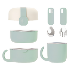 MOTHER-K Hug 外出豪華不鏽鋼餐具 6合1-薄荷冰綠, 1組, 蓋子 + 小碗 + 大碗 + 杯子 + 湯匙 + 叉子 + 固定帶
