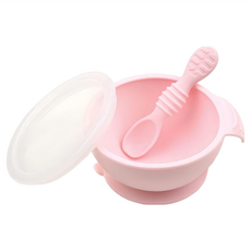 BUMKiNS 寶寶白金矽膠餐碗組, 碗+湯匙+碗蓋, 6個月以上適用, 碗 + 湯匙, 粉色, 1組