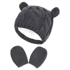 歐美風寶寶保暖帽手套組 - 帽子+手套, L(頭圍36~46cm), 黑色