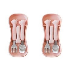 tgm 兒童便攜式矽膠不鏽鋼餐具組, 珊瑚色小熊, 湯匙 2支 + 叉子 2支 + 收納盒 2個, 1組