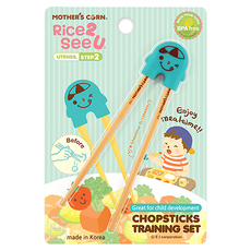 MOTHER'S CORN 兒童學習筷組 Set, 玉米材料製成 附輔助器 防滑筷子, 藍色, 2雙