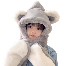 親子款小熊三合一護耳保暖帽 兒童款, 100%聚酯纖維, 拚色灰色, 長邊長90 x 短邊長60 x 圍巾寬14 x 手套長15cm