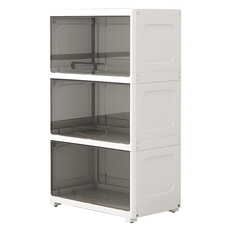 無印簡約55面寬透明可視翻蓋三層收納櫃, 大容量, 簡易組裝, 底部滑輪, 透黑款, 1個