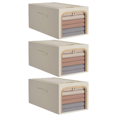 衣服收納箱, 49L, 棉麻材質, 卡其色, 內部鋼架支撐, 加厚牛津布材質, 3個