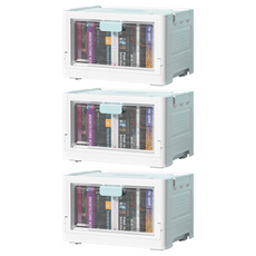 葉子小舖 摺疊收納箱 前置雙開門 pp塑料 透明面板, 特大, 藍色, 3個