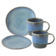 JUST HOME 陶瓷餐盤 + 馬克杯4件組, 2個荷口盤 + 2個馬克杯, 日式窯變, 1組
