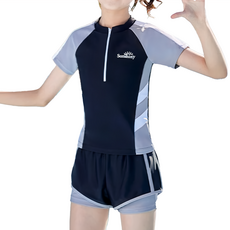 女童短袖分體拉鍊泳衣+泳褲 運動風時尚