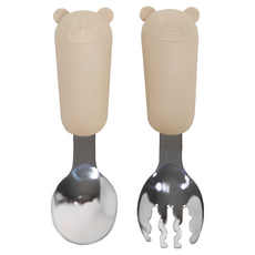 Sweet Lil' Monster 怪獸寶貝 熊熊不銹鋼叉匙隨行組, 粉嫩色, FDA抗菌不銹鋼, 食品級矽膠, 6個月以上適用, 粉膚色, 1組, 1 x Spoon ,1 x Fork