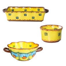 歐陸瓷具 手工彩繪波蘭風雙耳大烤盤+烤盅Set, C款(琉璃黃), 1組