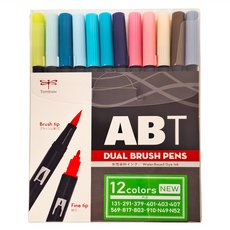 Tombow 蜻蜓牌 ABT 雙頭彩色毛筆 12色套裝 水性染料墨水, 黑色筆桿, 12支