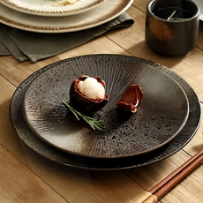 Homely Zakka 日式創意復古陶瓷餐具 大圓平盤, 黑色, 1個