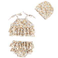 愛北鼻 ins女童泳衣,小橘子 吊帶分體泳衣+泳褲+泳帽,110碼 建議100-110cm, 小碎花, 1入