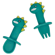 恐龍 食品級矽膠兒童餐具2件套, 適合6個月以上寶寶, 專為初學寶寶設計, 綠恐龍, 叉 + 勺, 1組